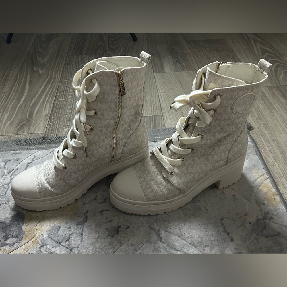 Michael Kors Cream MK Print Heel Ankle Boots - Picture 3 of 4